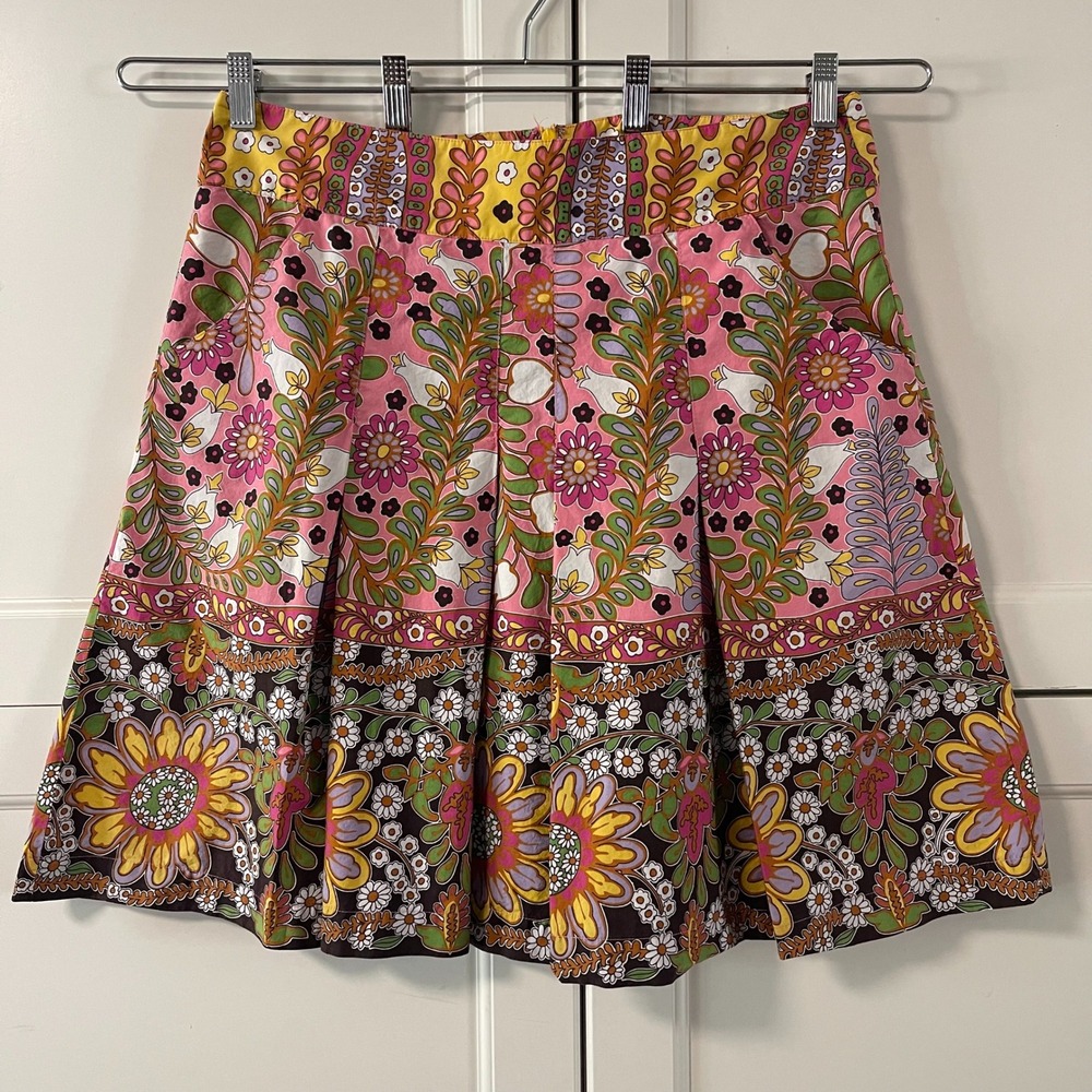 Cabi Womens Floral Pleated Mini Skirt Pink Yellow Retro Mod Cotton 933 Size 14